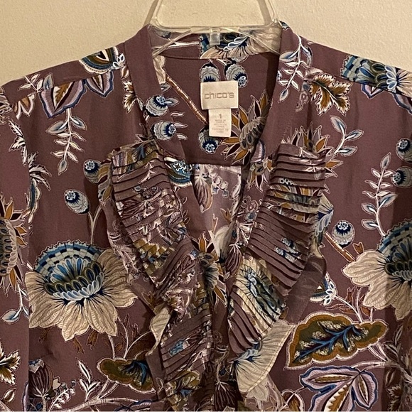 Chicos Shirt Womens Size 1 (S) Ruffle Front Button Up Blouse Rose Floral Top - Picture 2 of 11